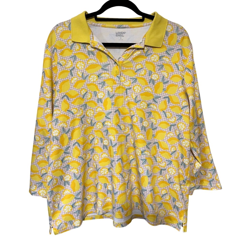 Lands End Women's XL Fun Lemon Gingham‎ Long 3/4 Sleeve Polo Shirt 100% Cotton